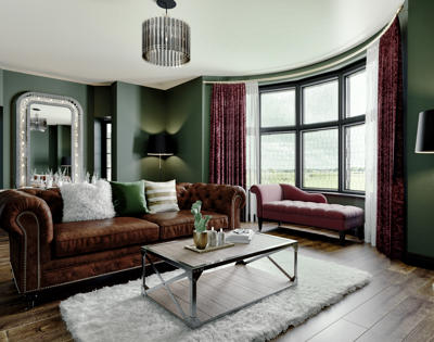 victorian living room with red couch