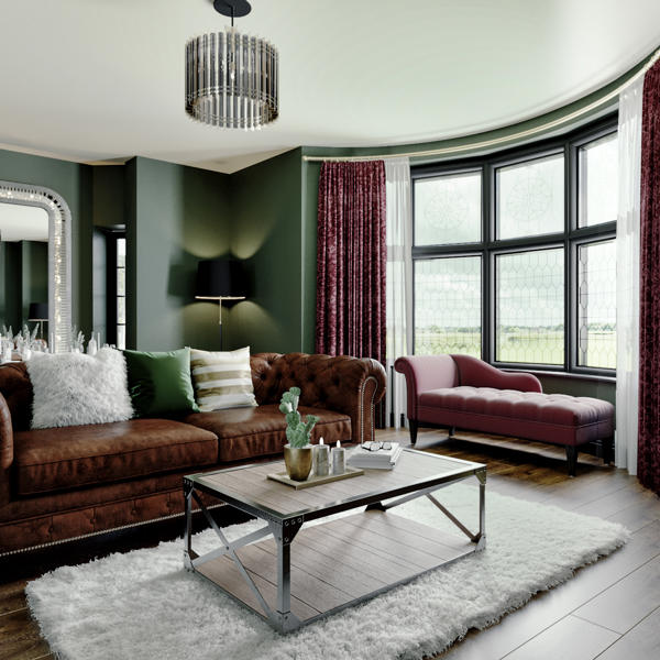 victorian living room with red couch