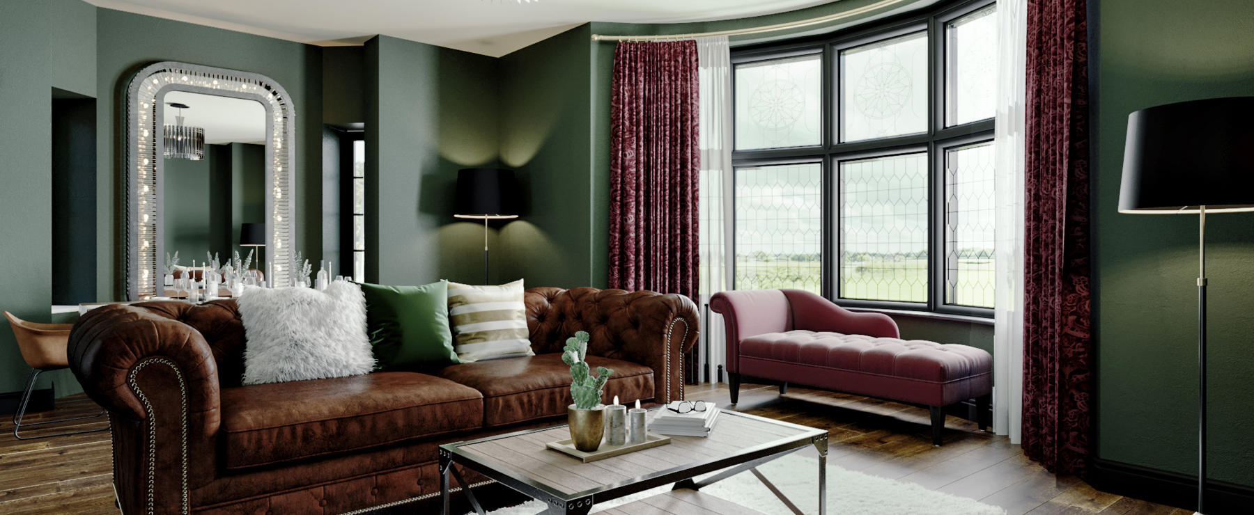 victorian living room with red couch